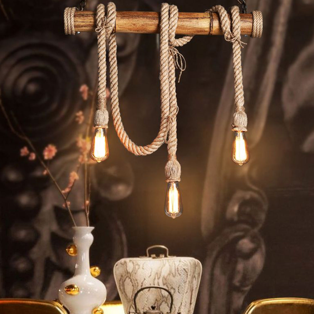 Suspension Vintage LED Bambou et Métal Marron Écologique Salon et Chambre