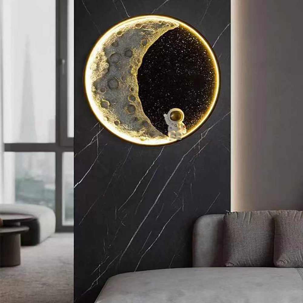 Applique Murale Astronaute Et Lune Métal Noir Pour Chambre Éclairage