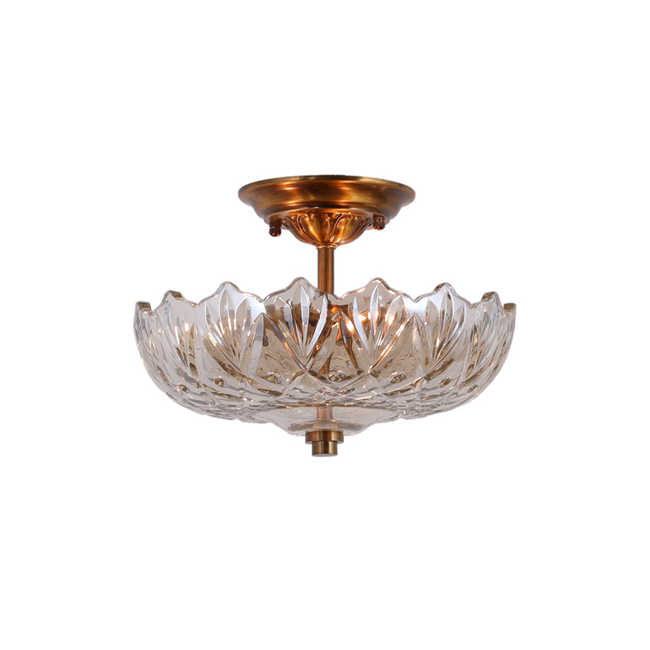 Plafonnier Trois Abat Jour Verre Laiton Antique Salon Éclairage Raffiné