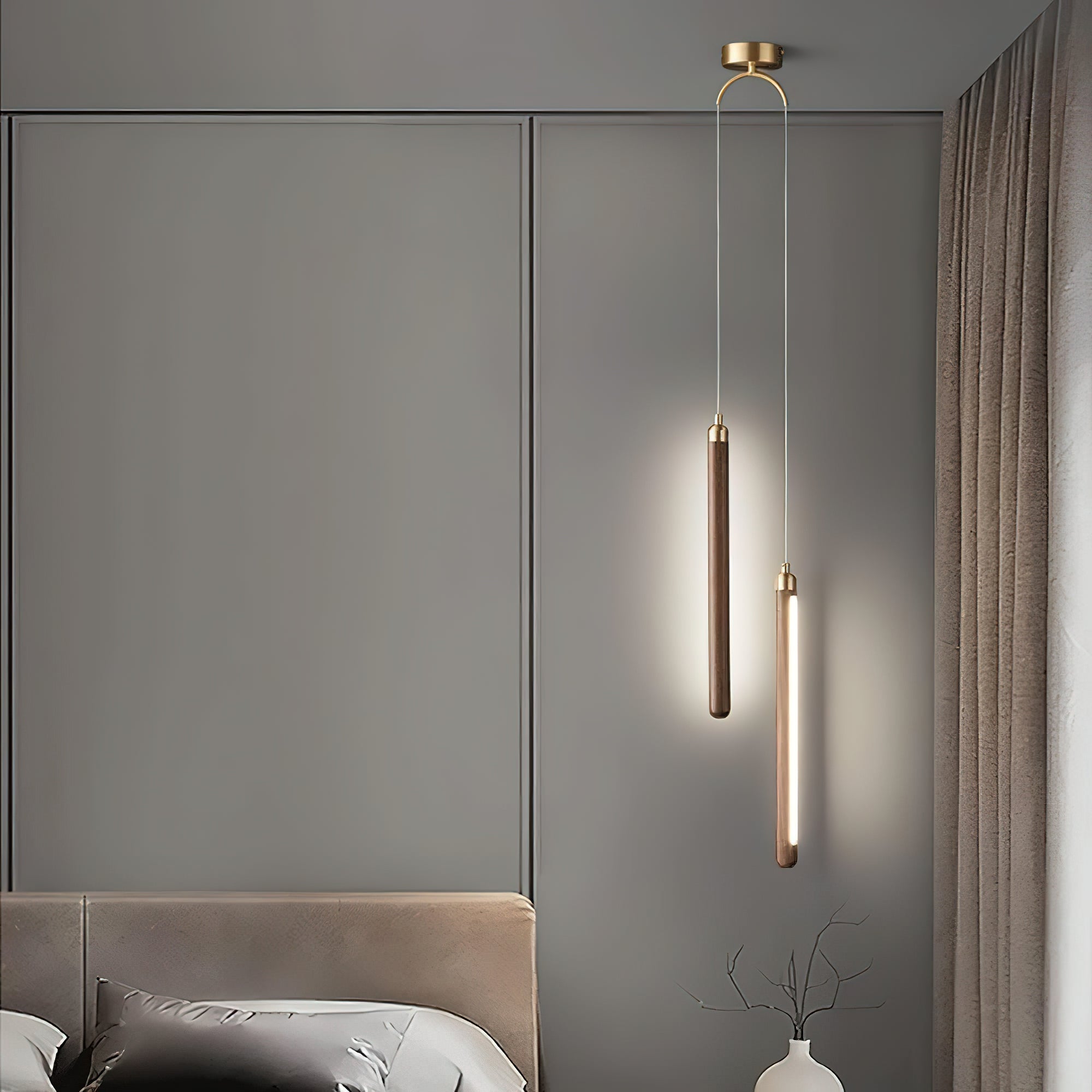 Suspension Linéaire Bois Laiton Éclairage LED Température Ajustable